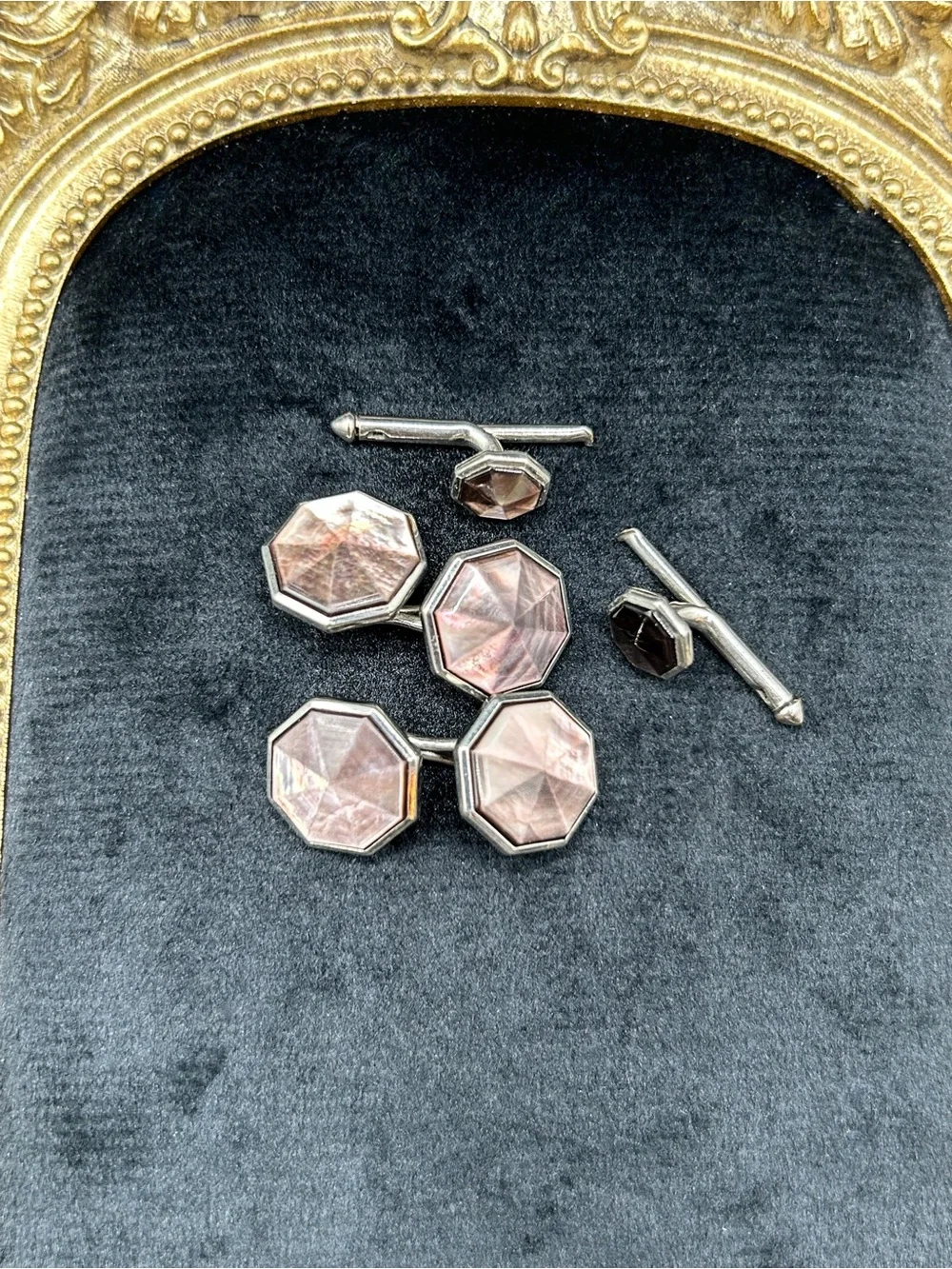 Art Deco Octagonal Mother-of-Pearl Cufflinks and Stud Set - Iridescent Pink
